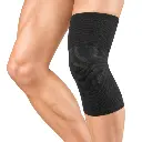 Black knee support on bent legs.webp