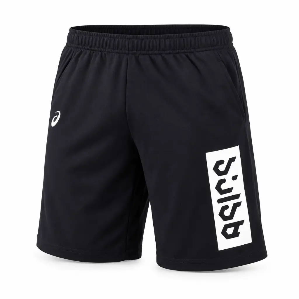 Black ASICS Shorts with Large White Print.webp