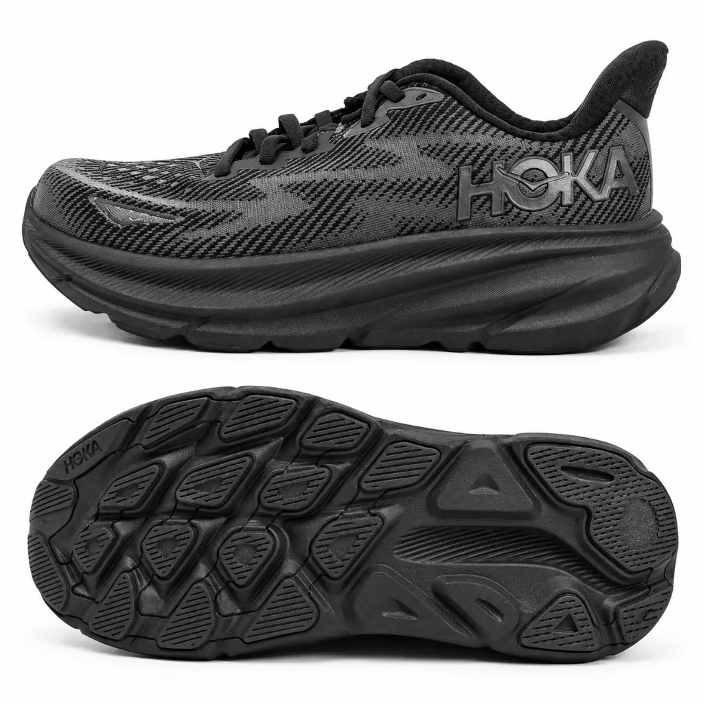 Black HOKA Shoe, Side and Outsole Views-1.webp